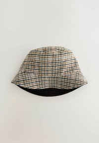 Brown and beige check patterned bucket hat with a wide brim, textured fabric, and contrasting black interior lining.