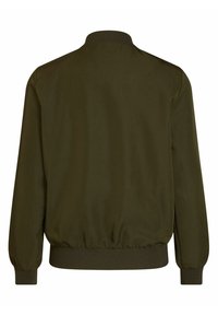 Veste bomber verte foncée avec un col côtelé, des poignets élastiques et un ourlet froncé, fabriquée en tissu lisse et léger.