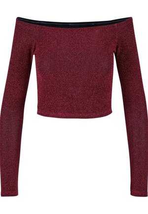 Off-the-shoulder, pitkähihaisen crop-topin viininpunainen metallinhohto, joustavasta kankaasta, joka tuo istuvan muotoilun.