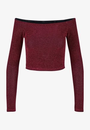 Off-shoulder, långärmad crop top i burgundy med metallisk glans, tillverkad av elastisk tyg för en figurnära design.