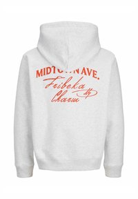 Gaiši pelēka džempera ar auklu, ar sarkanu kurpīšu tekstu uz muguras: "MIDTOWN AVE. Fribeka Charm." Mīksta auduma, parasts piegriezums.