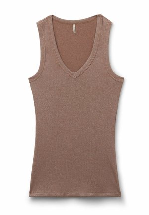 Ärmelloses braunes geripptes Stricktop mit V-Ausschnitt, figurbetontem Schnitt und glatter Textur.