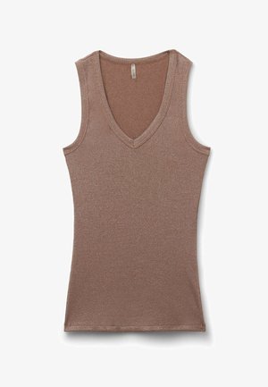 Ärmelloses braunes geripptes Stricktop mit V-Ausschnitt, figurbetontem Schnitt und glatter Textur.