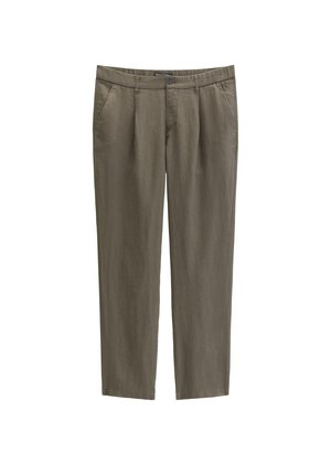 Pantalon droit vert olive avec poches latérales, passants pour ceinture, bouton et fermeture éclair, en tissu léger.