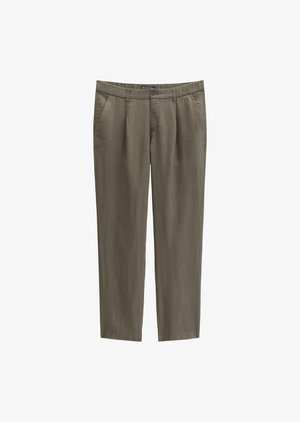 Pantalon droit vert olive avec poches latérales, passants pour ceinture, bouton et fermeture éclair, en tissu léger.