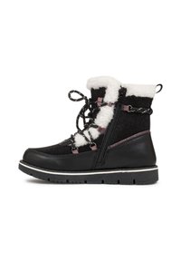 Bottes d'hiver noires avec un tissu texturé et une doublure en fausse fourrure. Présente un devant à lacets, une fermeture éclair latérale et une semelle en caoutchouc blanche avec des accents noirs.