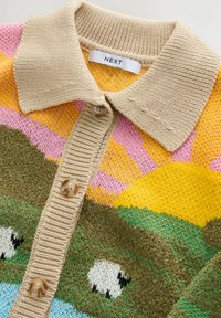 Le gilet en tricot présente un col beige, des motifs multicolores en rose, jaune, vert et bleu, avec des motifs de moutons détaillés et des boutons marron.