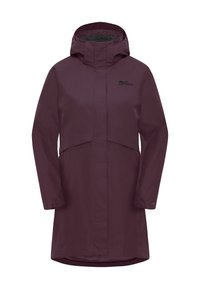 Burgunderfarbene wasserdichte Jacke mit Kapuze, mit einem Druckknopfverschluss vorne, seitlichen Taschen und einem Logo auf der oberen linken Seite. Glattes, strapazierfähiges Material.