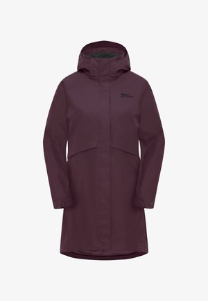 Burgunderfarbene wasserdichte Jacke mit Kapuze, mit einem Druckknopfverschluss vorne, seitlichen Taschen und einem Logo auf der oberen linken Seite. Glattes, strapazierfähiges Material.