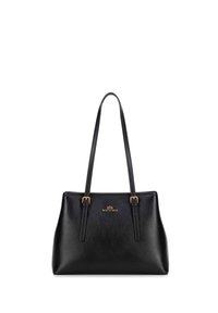 Sac fourre-tout en cuir noir avec deux longues poignées, accents en métal doré, une forme structurée et une surface texturée arborant un logo.