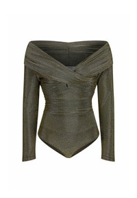 Off-Shoulder-Bodysuit in metallic olivgrün, mit langen Ärmeln, gerafftem Design und glatter Textur sowie minimalistischen Nähdetails.