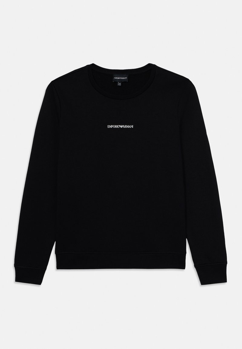 Black sweatshirt made of cotton, featuring long sleeves, a crew neck, and a small white logo on the chest. Smooth texture.