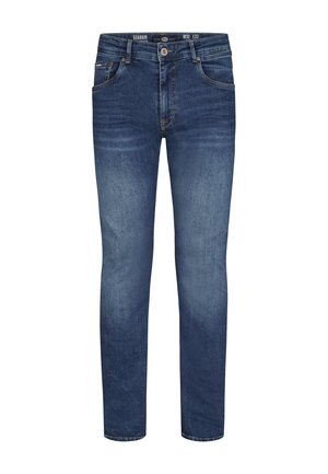 Jeans de mezclilla azul oscuro con corte ajustado, que presentan un ligero efecto de desgaste, cinco bolsillos y un cierre de botón estándar.