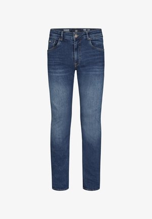 Donkerblauwe denim jeans met een slim fit, voorzien van subtiele wassing, vijf zakken en een standaard knoopsluiting.