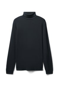 Schwarzes Langarm-Turtleneck-Oberteil mit lockerer Passform, das eine glatte Textur und einen gerippten Kragen aufweist, mit geradem Saum und weitem Ärmel.