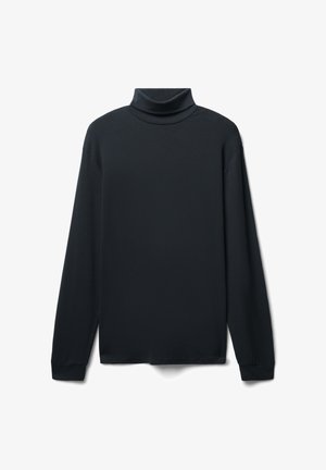 Schwarzes Langarm-Turtleneck-Oberteil mit lockerer Passform, das eine glatte Textur und einen gerippten Kragen aufweist, mit geradem Saum und weitem Ärmel.