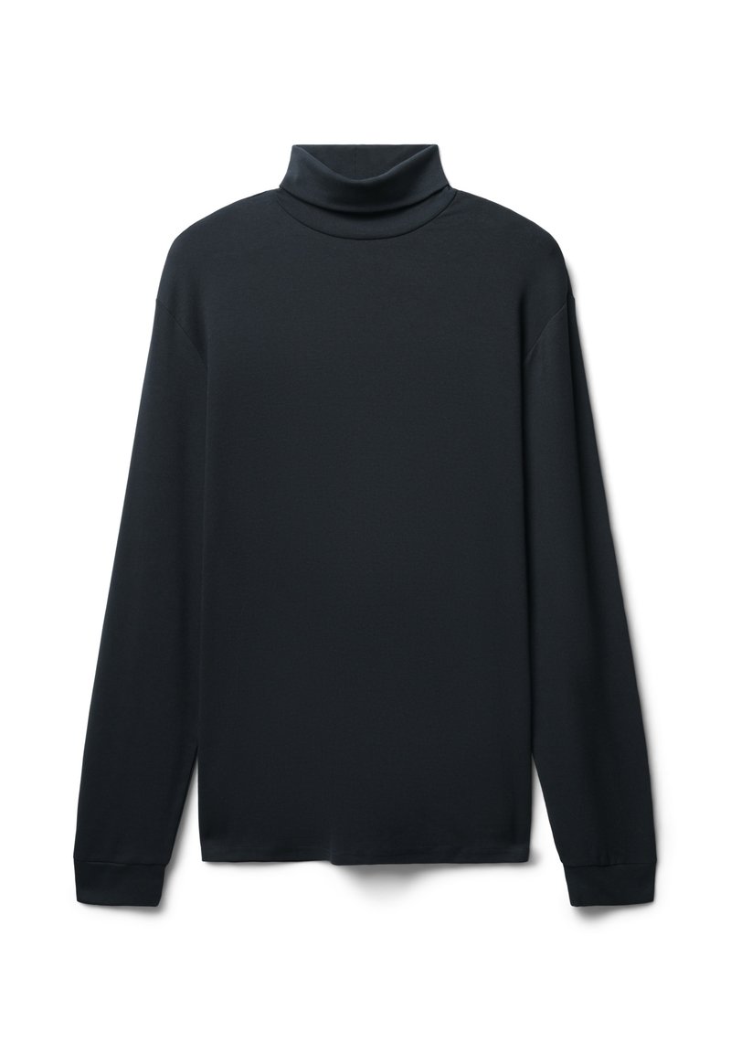 Schwarzes Langarm-Turtleneck-Oberteil mit lockerer Passform, das eine glatte Textur und einen gerippten Kragen aufweist, mit geradem Saum und weitem Ärmel.