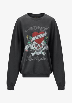 Felpa nera con una grande grafica di un teschio con un cuore rosso, foglie verdi, e la scritta "LOVE KILLS" e "Los Angeles". Materiale misto cotone.
