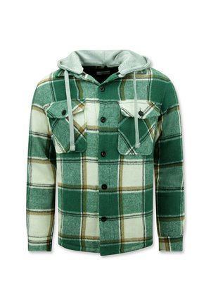 Groene geruite overhemdjacket met een grijze capuchon. Gemaakt van flanel, met twee borstzakken, zwarte knopen en een zachte textuur.