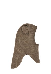 Brown fleece hat with a pointed design and rounded ear detail, featuring a soft texture and contrasting stitched edges.