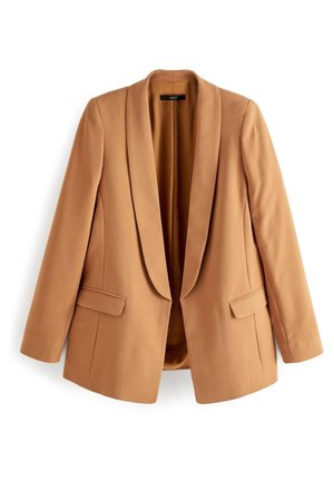 Brauner maßgeschneiderter Blazer mit Schalkragen, langen Ärmeln und zwei vorderen Klappentaschen, dargestellt vor weißem Hintergrund.