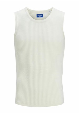 Witte, mouwloze ribbed tanktop met een ronde hals. Gemaakt van een gestructureerde stof. Bevat een blauw merkenlabel aan de binnenkant van de hals.