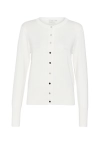 Witte gebreide cardigan met lange mouwen, ronde halslijn en een knoopsluiting aan de voorkant met afwisselend zilveren en zwarte knopen.