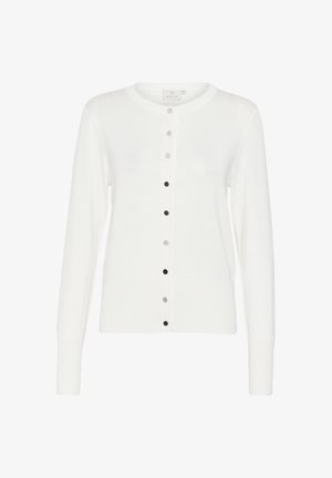 Cárdigan blanco de punto con mangas largas, escote redondo y cierre frontal de botones con botones alternos en plata y negro.