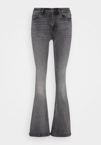 Grå jeans med utsvängda ben i denim, med en medelhög midja, framfickor och subtila blekningar mot botten. Klassiska sömdetaljer.