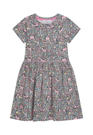 Blumenkleid mit kurzen Ärmeln, rosa Hintergrund, verziert mit Einhörnern und bunten Blumen. Weicher Stoff, geraffter Rock, rundes Dekolleté.