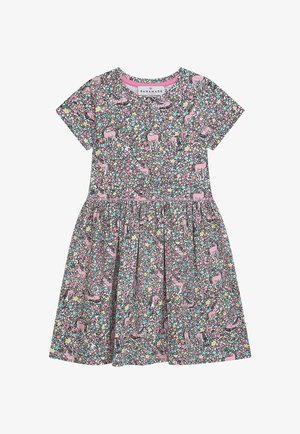 Blumenkleid mit kurzen Ärmeln, rosa Hintergrund, verziert mit Einhörnern und bunten Blumen. Weicher Stoff, geraffter Rock, rundes Dekolleté.