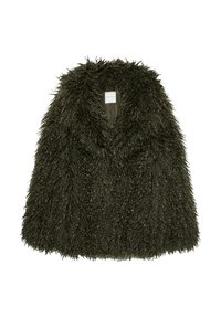 Vesta z umelého kožušiny tmavozelenej farby s huňatou textúrou, s hlbokým výstrihom do V a otvoreným predným dizajnom, ktorý zvyšuje teplo a pohodlie.