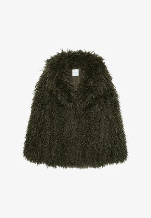 Gilet in pelliccia ecologica di colore verde scuro con una texture soffice, caratterizzato da una profonda scollatura a V e un design con apertura frontale, che migliora il calore e il comfort.