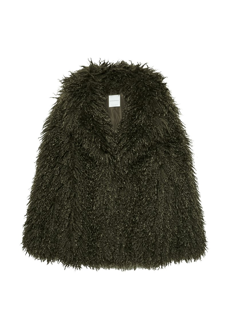 Vesta z umelého kožušiny tmavozelenej farby s huňatou textúrou, s hlbokým výstrihom do V a otvoreným predným dizajnom, ktorý zvyšuje teplo a pohodlie.