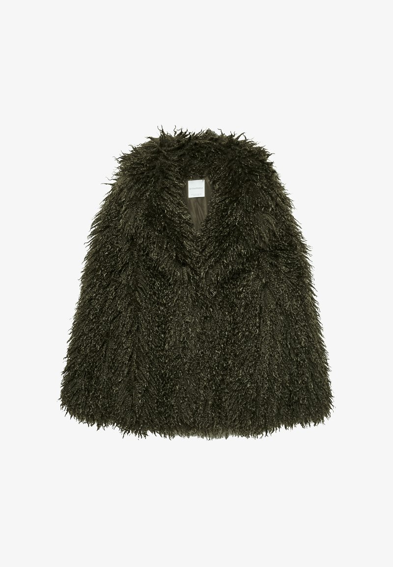 Vesta z umelého kožušiny tmavozelenej farby s huňatou textúrou, s hlbokým výstrihom do V a otvoreným predným dizajnom, ktorý zvyšuje teplo a pohodlie.