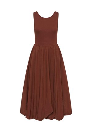 Ärmelloses, braunes Kleid mit Rundhalsausschnitt, anliegend geripptem Oberteil und voluminösem, gerafftem Rock mit leicht ballonförmigem Saumabschluss.