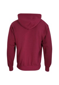 Bordowy, kapturowy sweatshirt o gładkiej fakturze, z długimi rękawami i ściągaczami u mankietów. Posiada sznurek oraz kieszeń kangurkę z przodu.