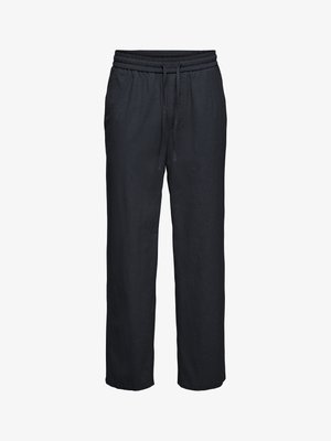 Zwarte losse broek met elastische tailleband en aantrekkoord, rechte pijpen, gemaakt van lichtgewicht stof.