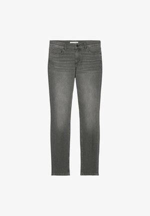 Jeans grii cu croială dreaptă, cu un design clasic cu cinci buzunare, textură moale de denim, zone decolorate și detalii cu cusături în contrast.
