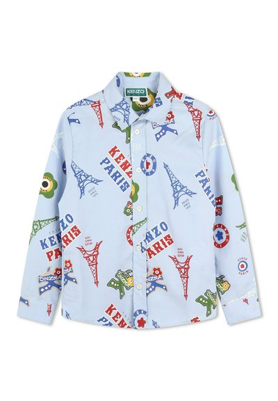 Lichtblauwe langemouwshirt met kleurrijke afdrukken van de Eiffeltoren en logo's. Beschikt over een knoopsluiting aan de voorkant en een klassiek kraagontwerp.
