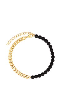 Goldene Kettenarmband mit schwarzen Perlen. Das Design kombiniert eine flache Gliederkette mit runden schwarzen Perlen und ist mit einem verstellbaren Verschluss versehen.