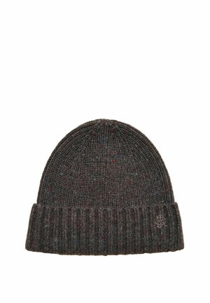 Dark gray knit beanie with ribbed cuff featuring subtle red and blue flecks and a small embroidered logo on the cuff.