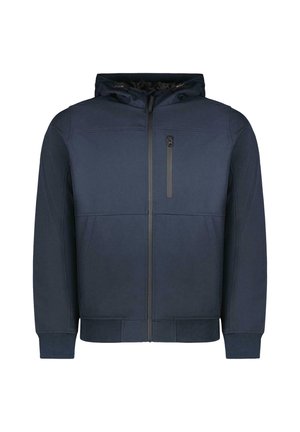 Marineblauwe jas met ritssluiting en capuchon, gemaakt van een gestructureerde stof, met zakken aan de voorkant en een borstzakje met een subtiele ritssluiting.