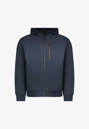 Marineblauwe jas met ritssluiting en capuchon, gemaakt van een gestructureerde stof, met zakken aan de voorkant en een borstzakje met een subtiele ritssluiting.