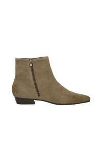 Tan suede enkellaarzen met een spitse neus en een rits aan de zijkant. Lage blokhak en een gladde textuur, met minimale ontwerpinformatie.