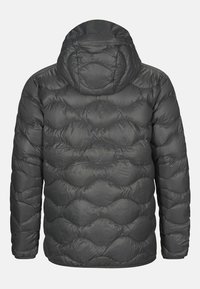 Doudoune grise à capuche, présentant un design matelassé avec des formes ovales courbes et une texture lisse et brillante.