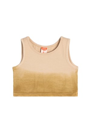 Beige toppi, jossa on liu'uttava kuvio, ylhäällä vaaleampi ja alhaalla tummempi. Valmistettu pehmeästä puuvillasta ja pyöreällä pääntiellä.