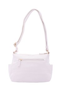 Borsa a spalla in pelle bianca con finitura testurizzata, chiusura superiore con zip, tasca frontale e tracolla regolabile con dettagli in hardware dorato.