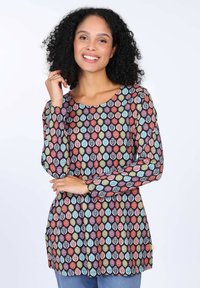 Mehrfarbige langärmlige Tunika mit einem Blattmuster auf dunklem Hintergrund, rundem Ausschnitt und lockerer Passform. Weiches, strukturiertes Gewebe.