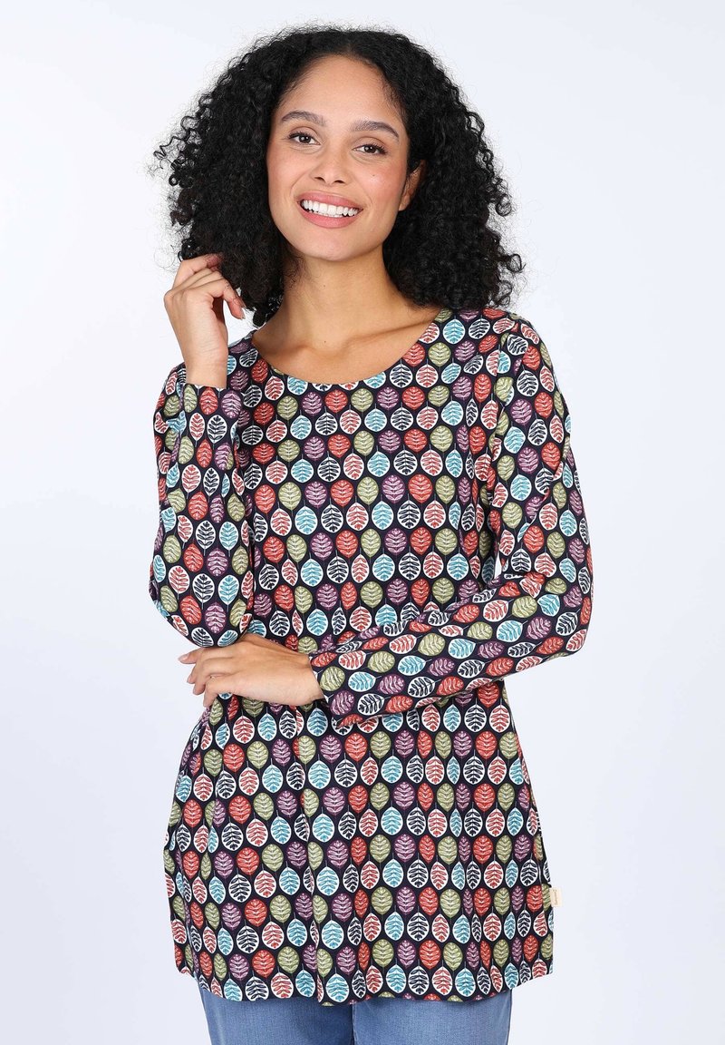 Mehrfarbige langärmlige Tunika mit einem Blattmuster auf dunklem Hintergrund, rundem Ausschnitt und lockerer Passform. Weiches, strukturiertes Gewebe.